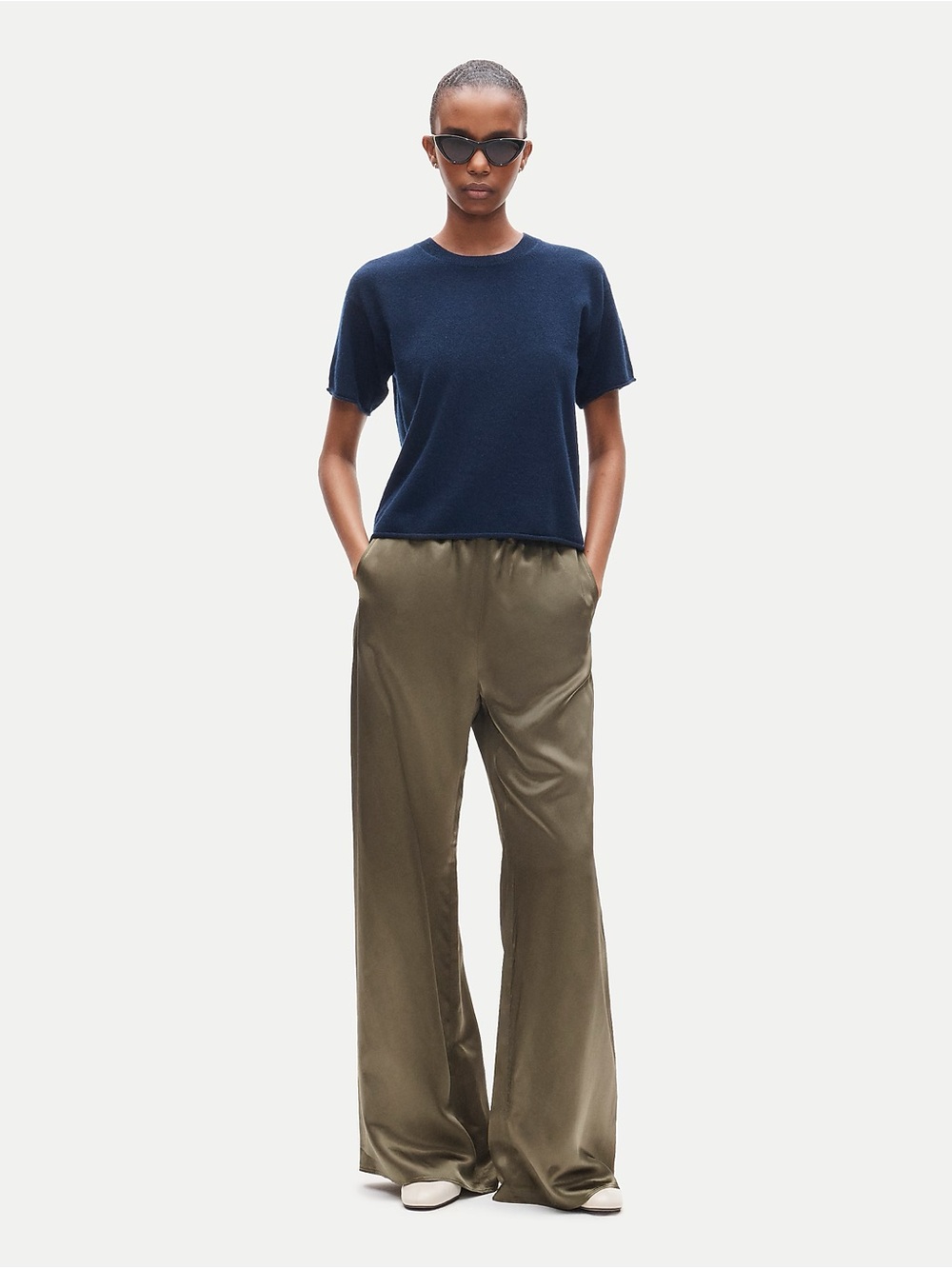 J. Crew Cosmo Pants: Olive Satin Wide-Leg Pants
